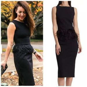Chiara Boni Aidos Feather Peplum Black Prom Midi-Dress Sz 44 (US 8)